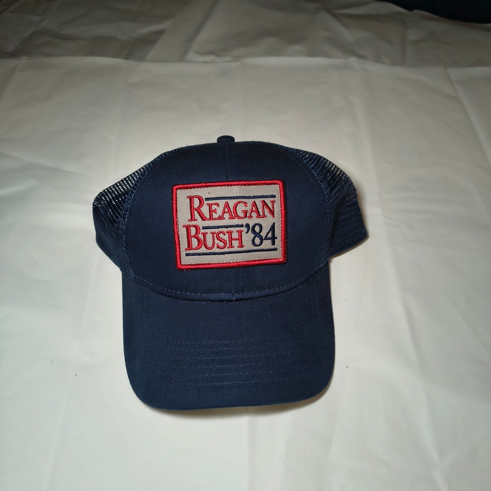 Rowdy Gentleman Reagan Bush 84 Trucker Hat Navy Blue Snapback Mesh Cap Vtg Style